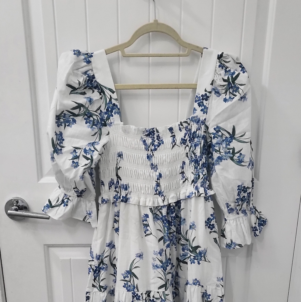 Especia Floral Cotton Smocked Off Shoulder Sleeves Summer Feminne Maxi Dress  M